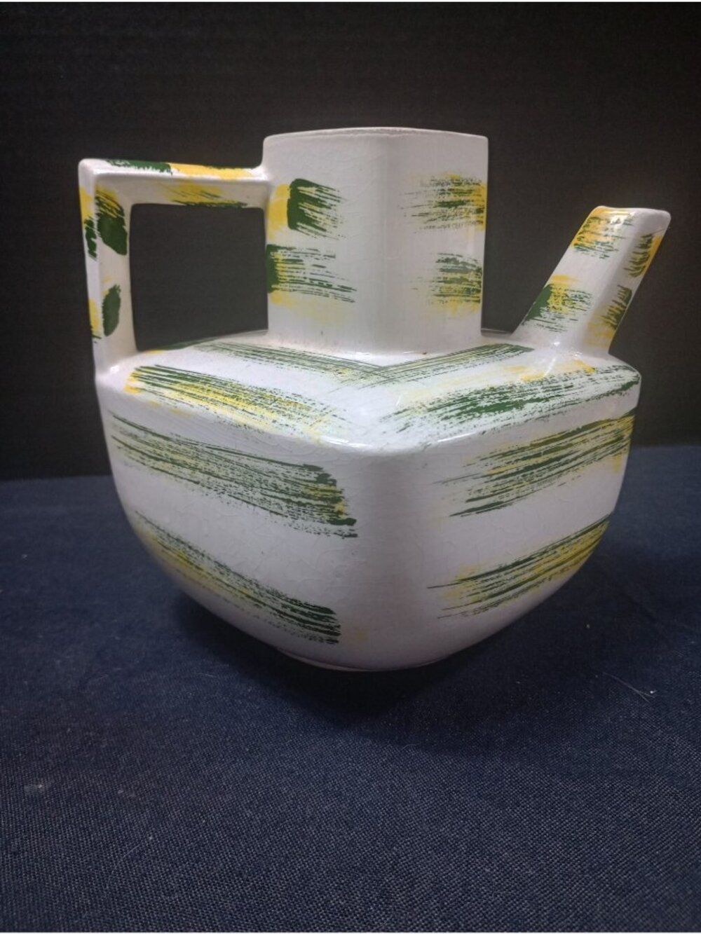 Vintage Square Mid Century White, Green and Yellow Square Ceramic Hand Painted P